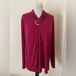 New Liz Claiborne Women Tunic Top 2X Red Long Sleeves Stretch Floral Draped